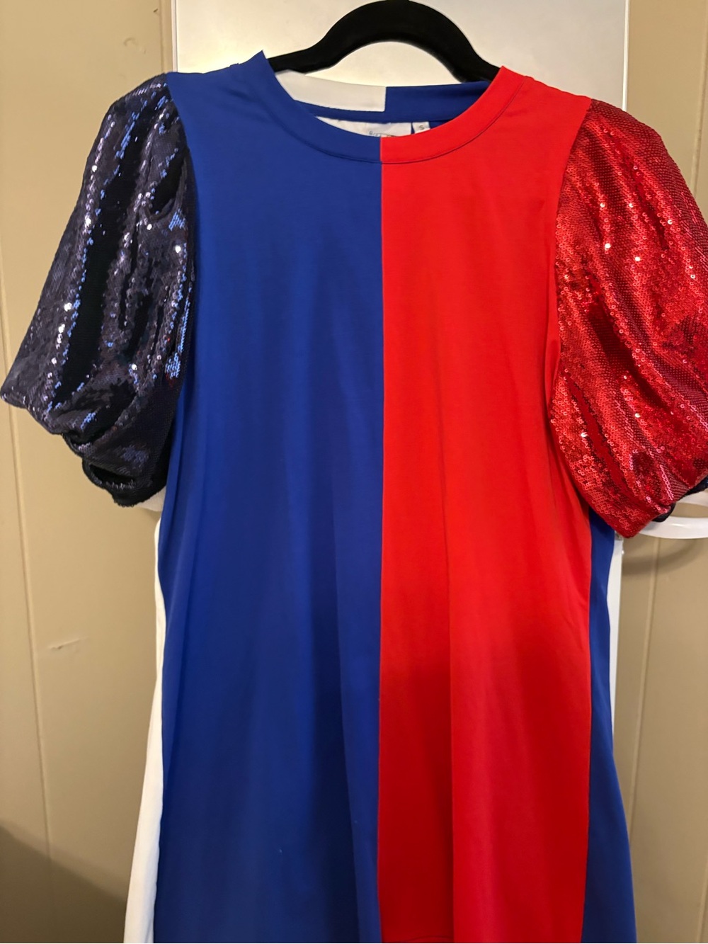 QUEEN OF SPARKLES Colorblock Sequin Sleeve Dress - Blue & Red